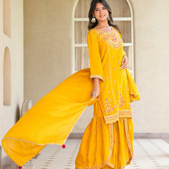 Womens Musterd Color Embroidery Staright Kurta Sharara With Dupatta Set