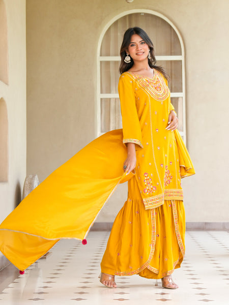 Womens Musterd Color Embroidery Staright Kurta Sharara With Dupatta Set