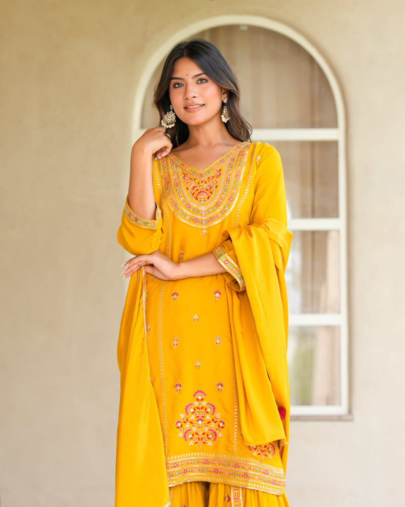 Womens Musterd Color Embroidery Staright Kurta Sharara With Dupatta Set