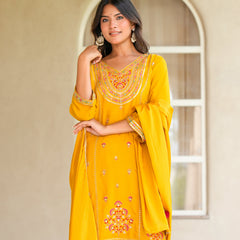 Womens Musterd Color Embroidery Staright Kurta Sharara With Dupatta Set