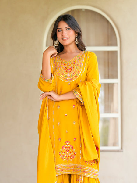 Womens Musterd Color Embroidery Staright Kurta Sharara With Dupatta Set