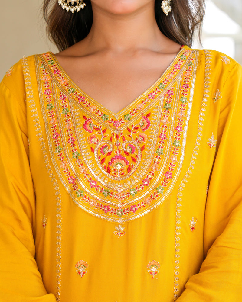 Womens Musterd Color Embroidery Staright Kurta Sharara With Dupatta Set