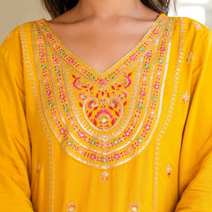 Womens Musterd Color Embroidery Staright Kurta Sharara With Dupatta Set