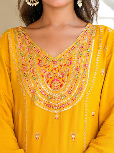 Womens Musterd Color Embroidery Staright Kurta Sharara With Dupatta Set