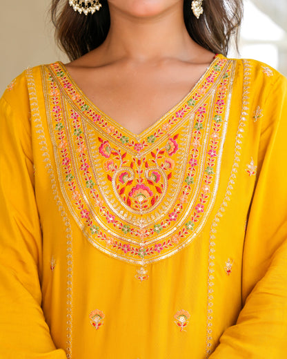 Womens Musterd Color Embroidery Staright Kurta Sharara With Dupatta Set