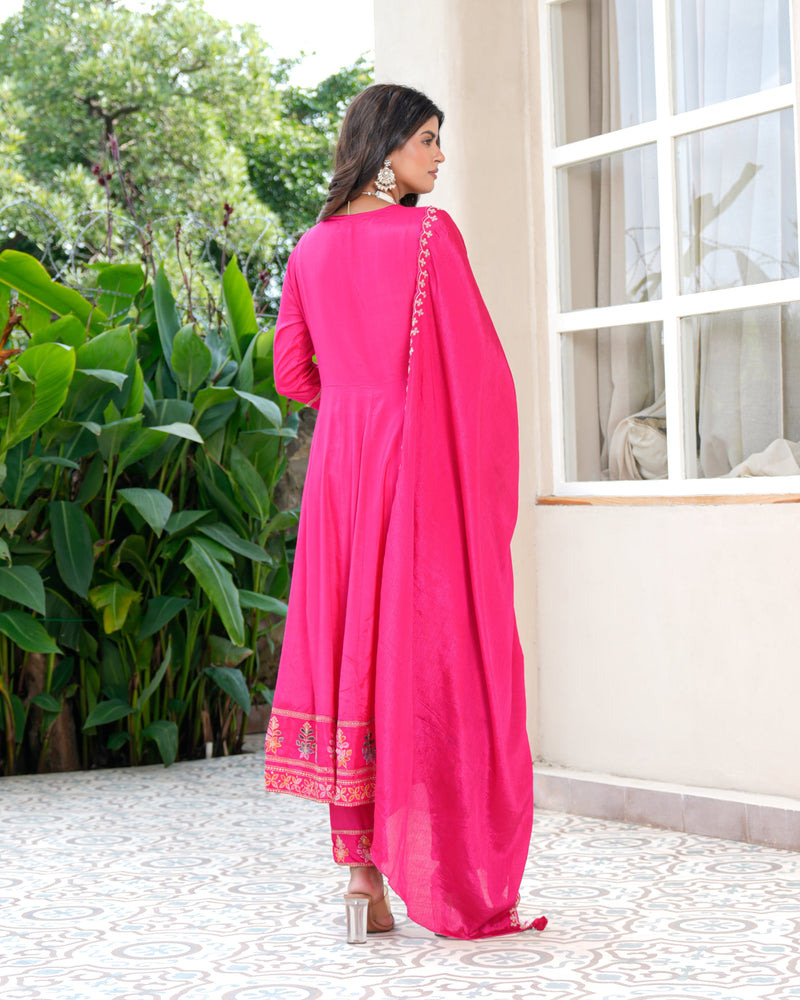 Womens Pink Color Embroidery Anarkali Kurta Trouser With Dupatta