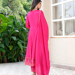 Womens Pink Color Embroidery Anarkali Kurta Trouser With Dupatta