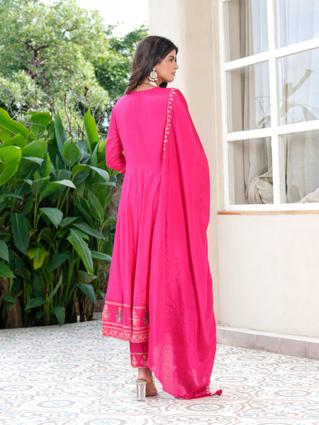 Womens Pink Color Embroidery Anarkali Kurta Trouser With Dupatta