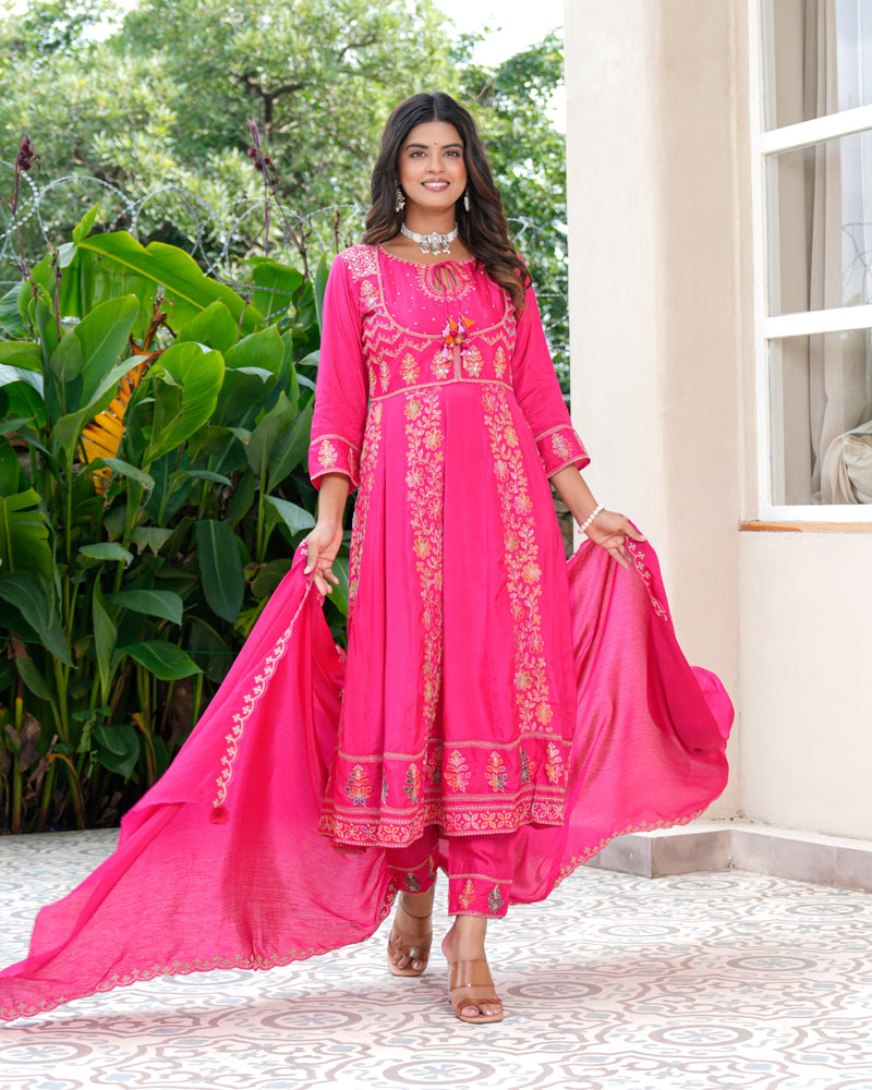 Womens Pink Color Embroidery Anarkali Kurta Trouser With Dupatta
