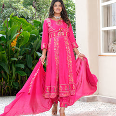 Womens Pink Color Embroidery Anarkali Kurta Trouser With Dupatta