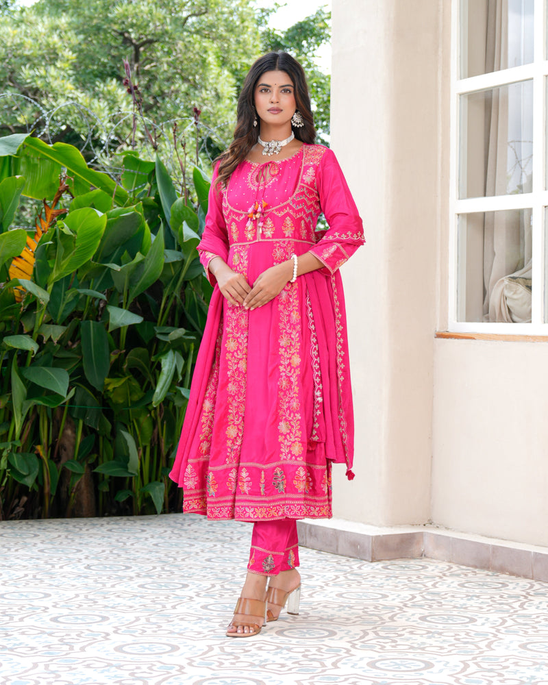 Womens Pink Color Embroidery Anarkali Kurta Trouser With Dupatta