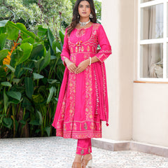 Womens Pink Color Embroidery Anarkali Kurta Trouser With Dupatta