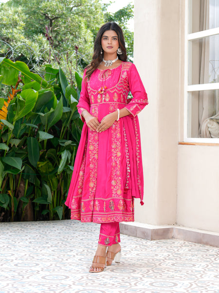 Womens Pink Color Embroidery Anarkali Kurta Trouser With Dupatta