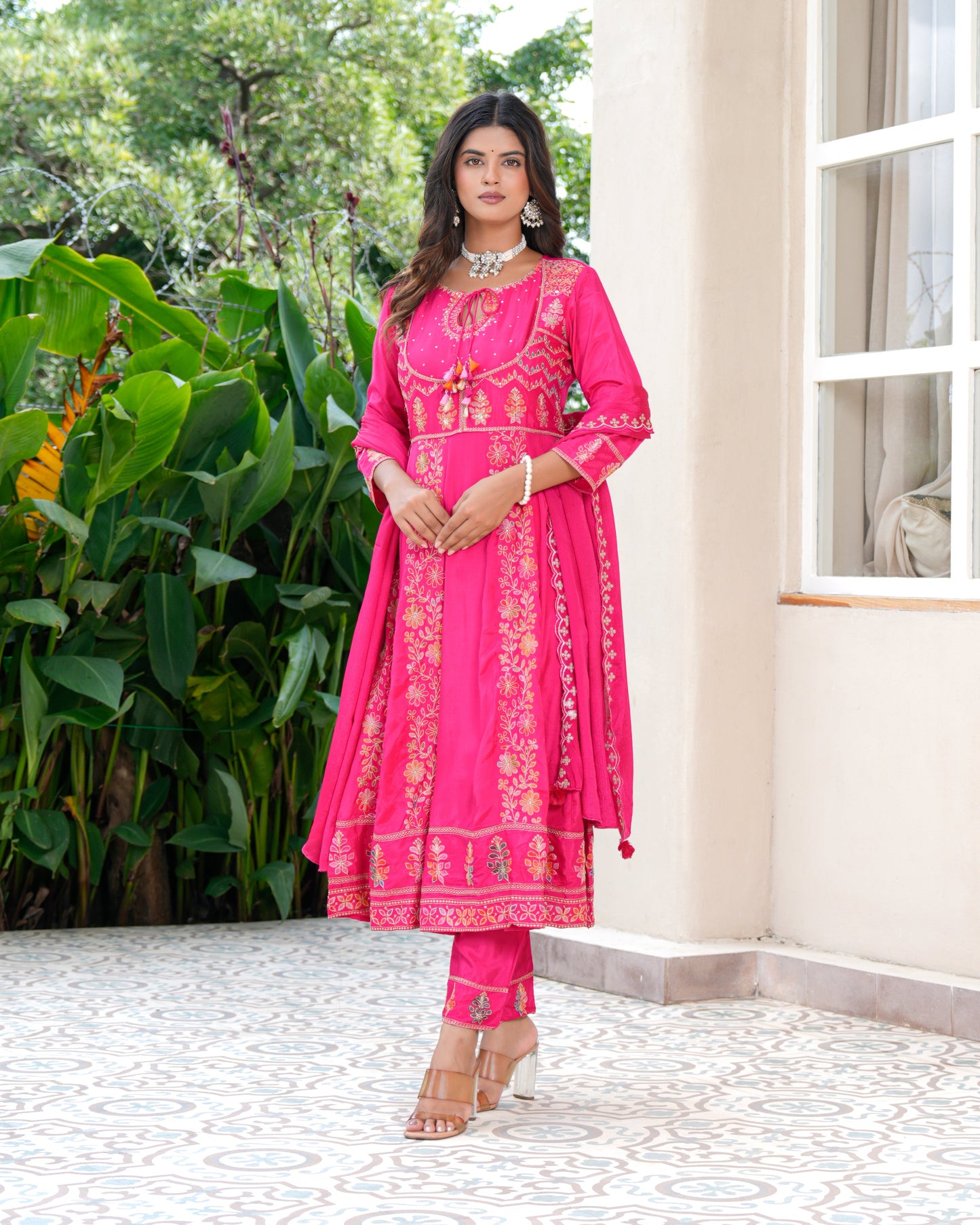 Womens Pink Color Embroidery Anarkali Kurta Trouser With Dupatta