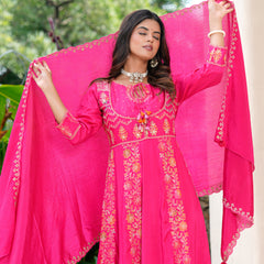 Womens Pink Color Embroidery Anarkali Kurta Trouser With Dupatta