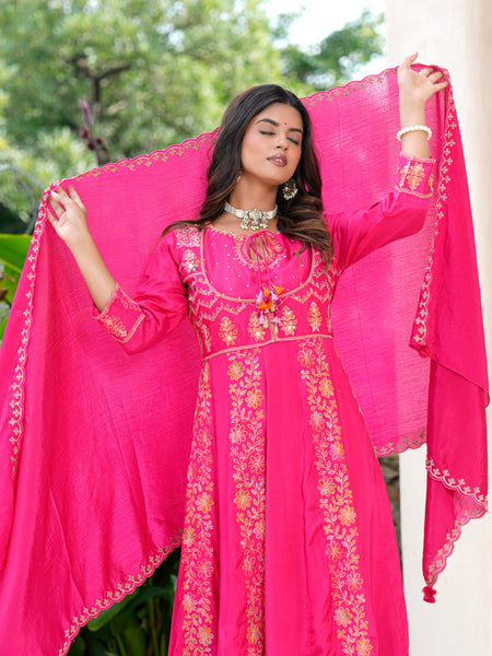 Womens Pink Color Embroidery Anarkali Kurta Trouser With Dupatta
