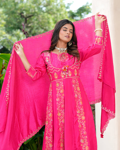 Womens Pink Color Embroidery Anarkali Kurta Trouser With Dupatta