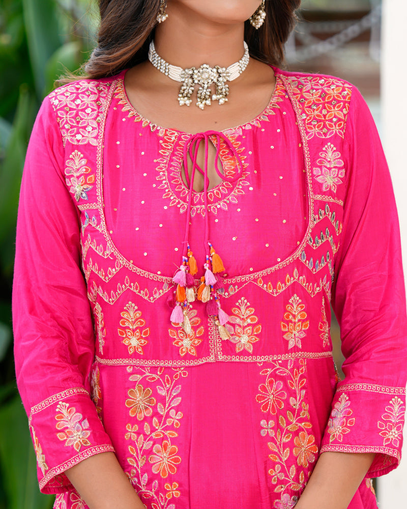 Womens Pink Color Embroidery Anarkali Kurta Trouser With Dupatta