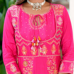 Womens Pink Color Embroidery Anarkali Kurta Trouser With Dupatta