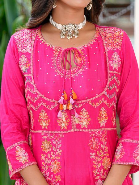 Womens Pink Color Embroidery Anarkali Kurta Trouser With Dupatta