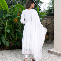 Womens White Color Embroidery Anarkali Kurta Trouser With Dupatta