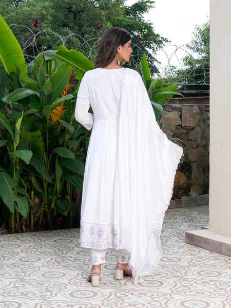 Womens White Color Embroidery Anarkali Kurta Trouser With Dupatta