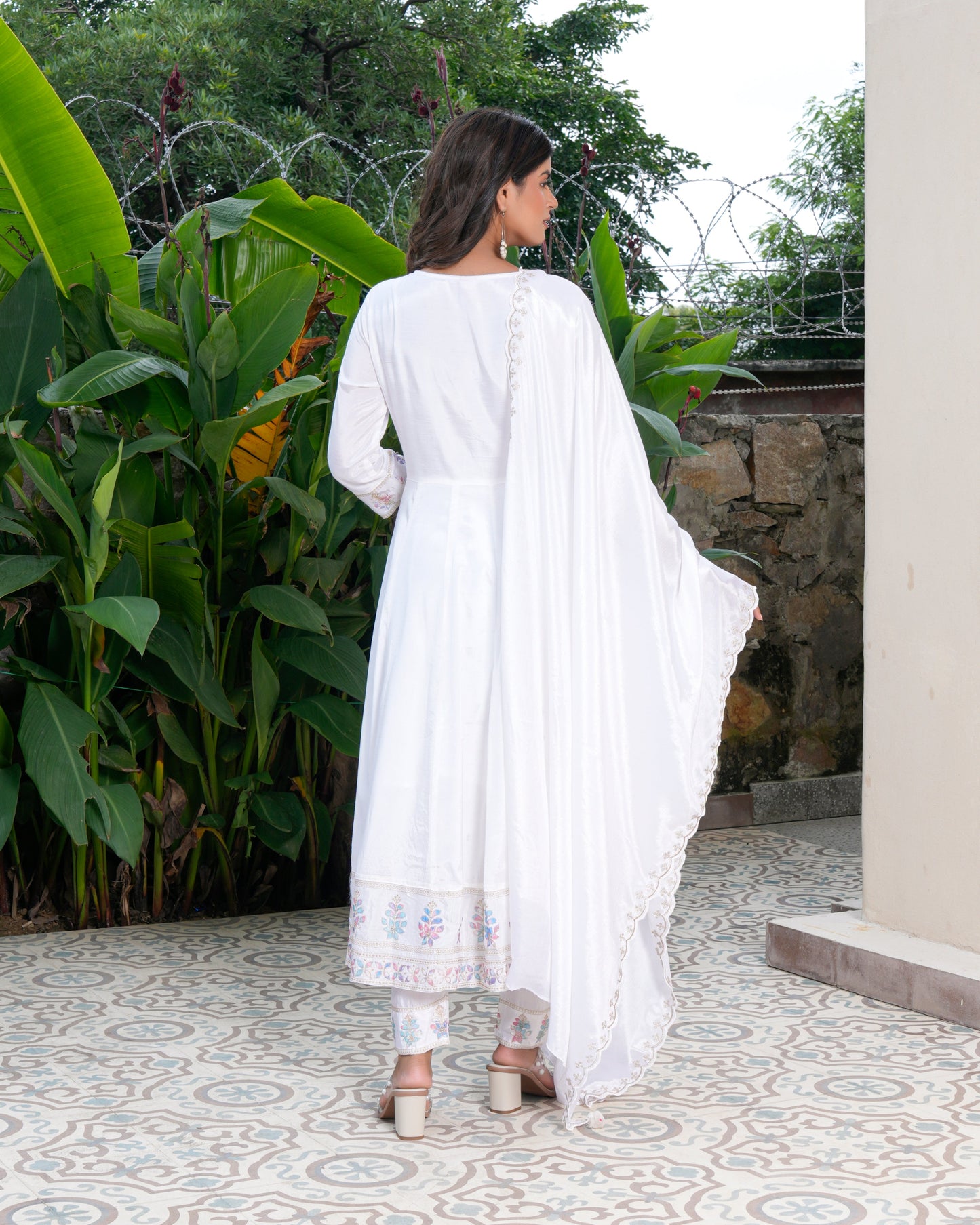 Womens White Color Embroidery Anarkali Kurta Trouser With Dupatta
