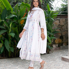 Womens White Color Embroidery Anarkali Kurta Trouser With Dupatta