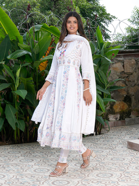 Womens White Color Embroidery Anarkali Kurta Trouser With Dupatta