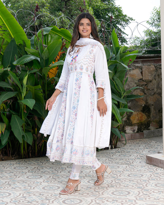 Womens White Color Embroidery Anarkali Kurta Trouser With Dupatta