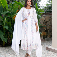 Womens White Color Embroidery Anarkali Kurta Trouser With Dupatta