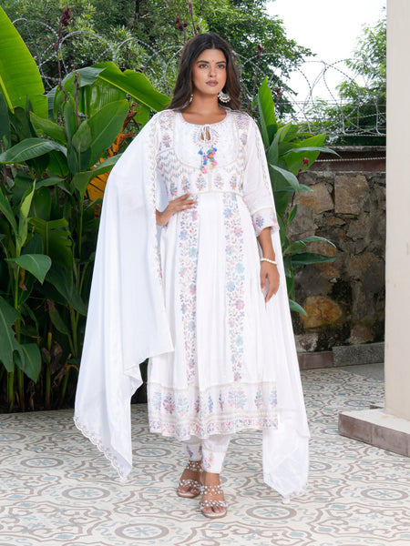 Womens White Color Embroidery Anarkali Kurta Trouser With Dupatta