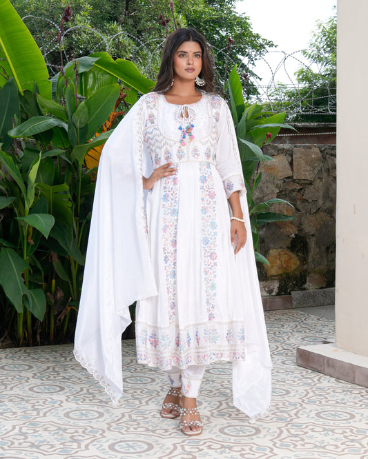 Womens White Color Embroidery Anarkali Kurta Trouser With Dupatta