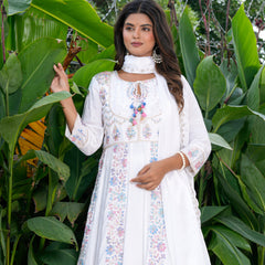 Womens White Color Embroidery Anarkali Kurta Trouser With Dupatta