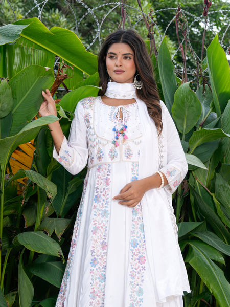 Womens White Color Embroidery Anarkali Kurta Trouser With Dupatta