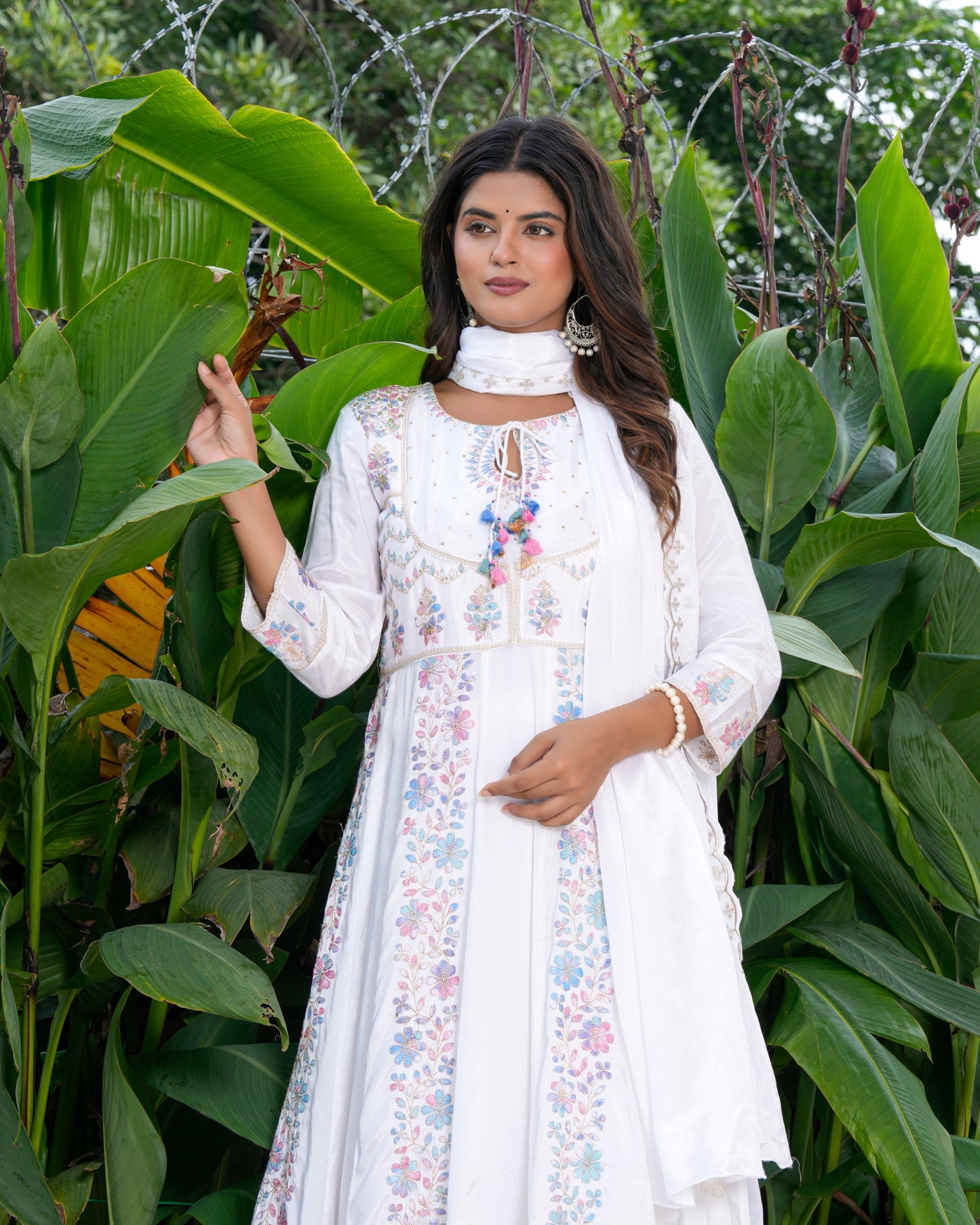Womens White Color Embroidery Anarkali Kurta Trouser With Dupatta