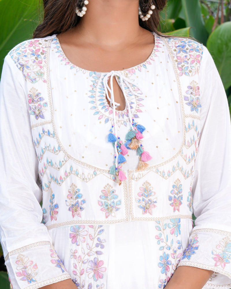 Womens White Color Embroidery Anarkali Kurta Trouser With Dupatta