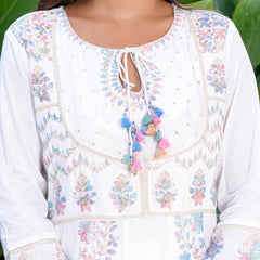Womens White Color Embroidery Anarkali Kurta Trouser With Dupatta