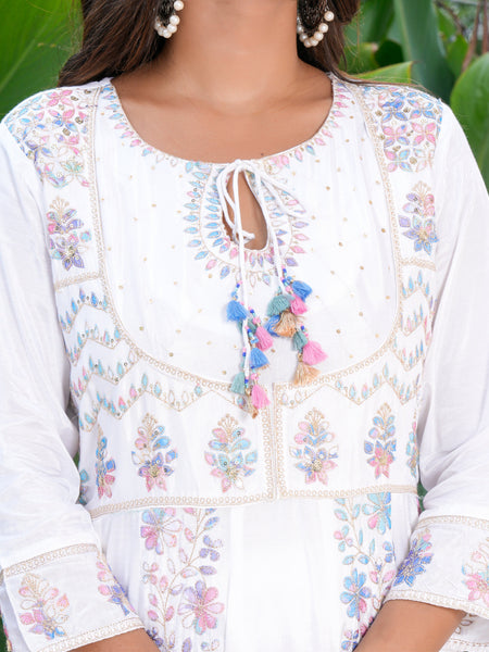 Womens White Color Embroidery Anarkali Kurta Trouser With Dupatta
