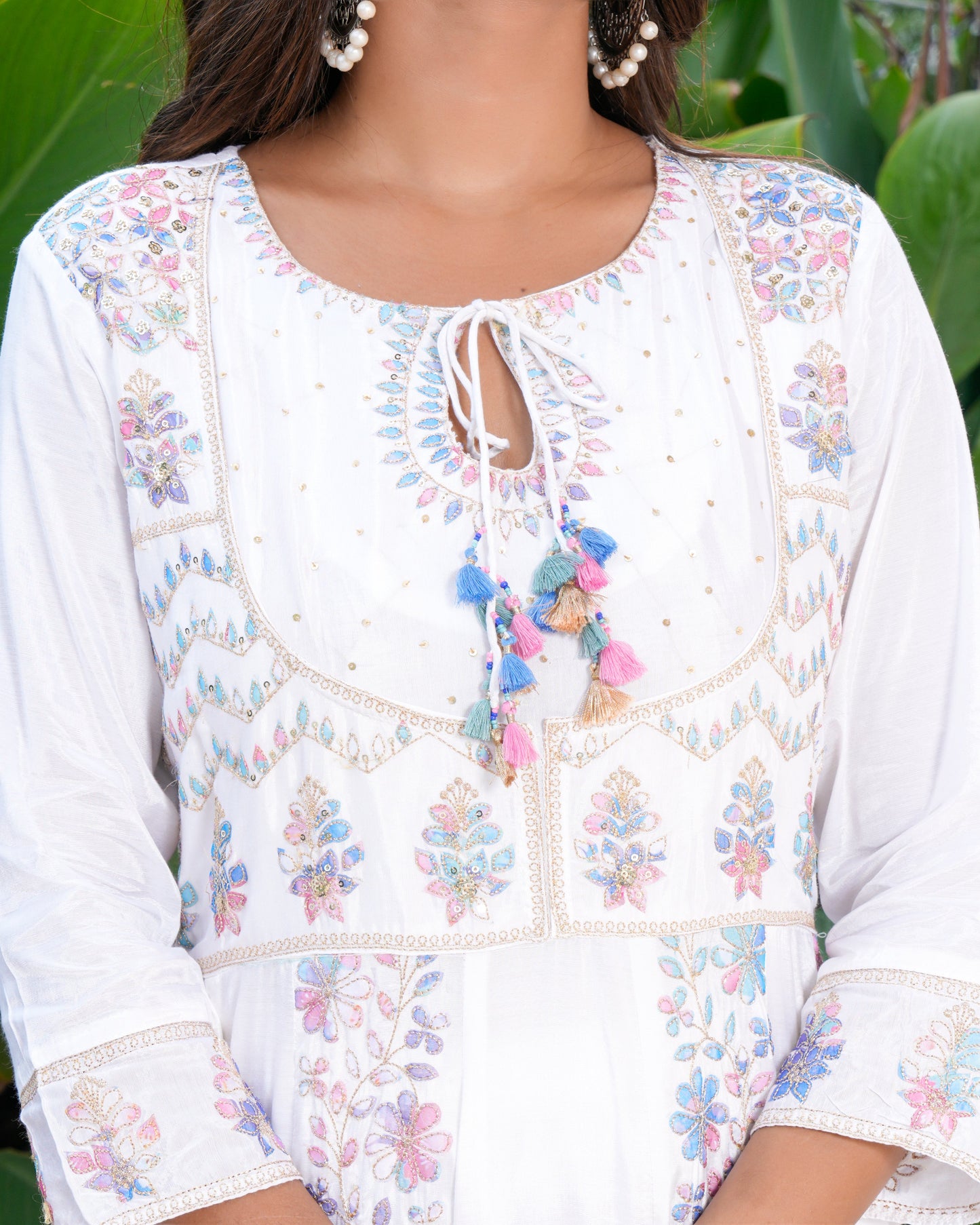 Womens White Color Embroidery Anarkali Kurta Trouser With Dupatta