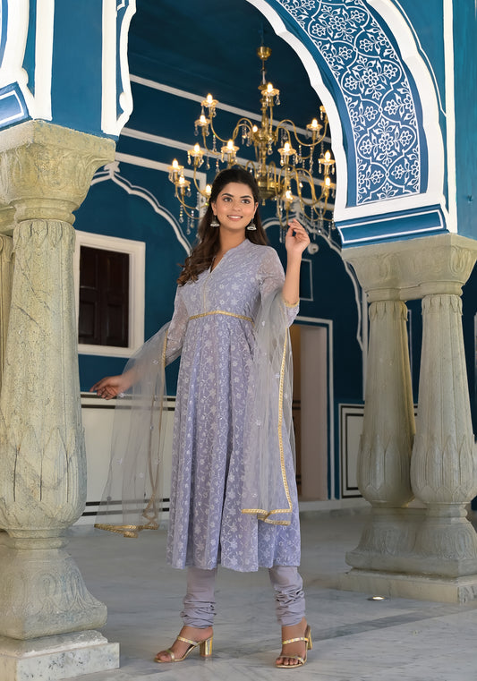 RAMA'S Elegant Women Chikankari Floral Embroidery Embellished Georgette Fit-Flare Kurta with Salwar & Dupatta  Set