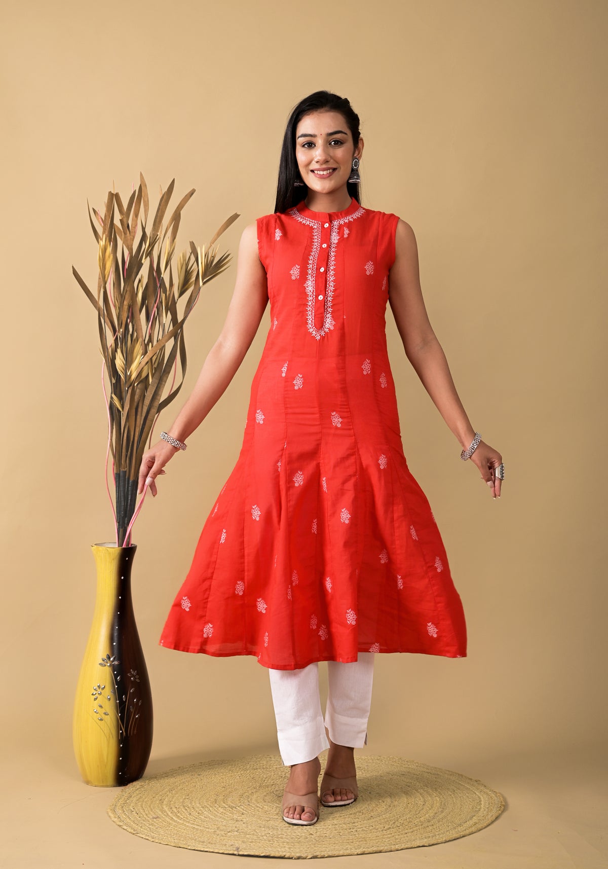 Women Red Colour Embroidery A-line Kurta