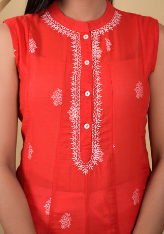 Women Red Colour Embroidery A-line Kurta