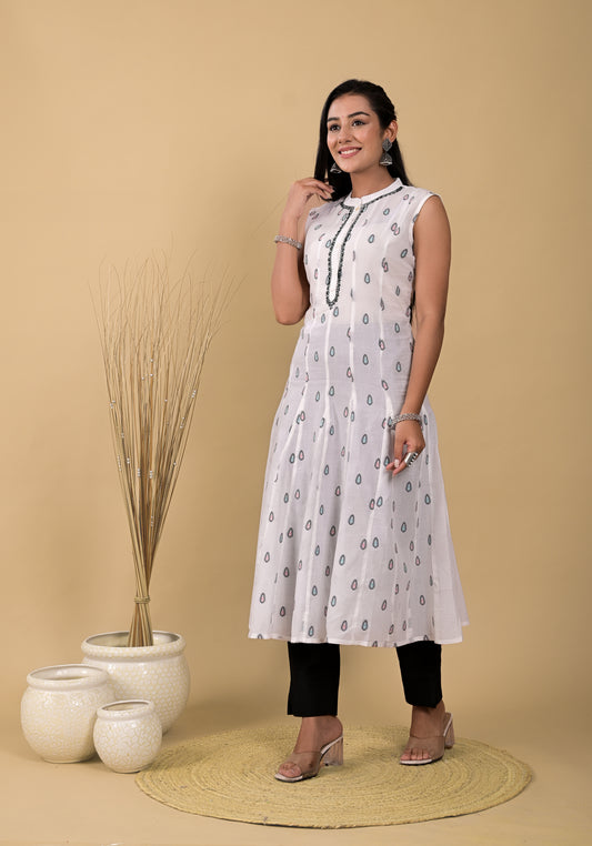 Womens  Embroidered White Color  A Line Kurta
