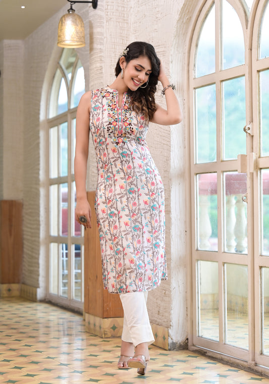 WOMEN White COLOR SLEEVELESS Embroidery Embellished Kurta