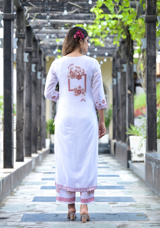 Women White Color Weaved Embroidery Embellished kurta With Palazzo Dupatta set