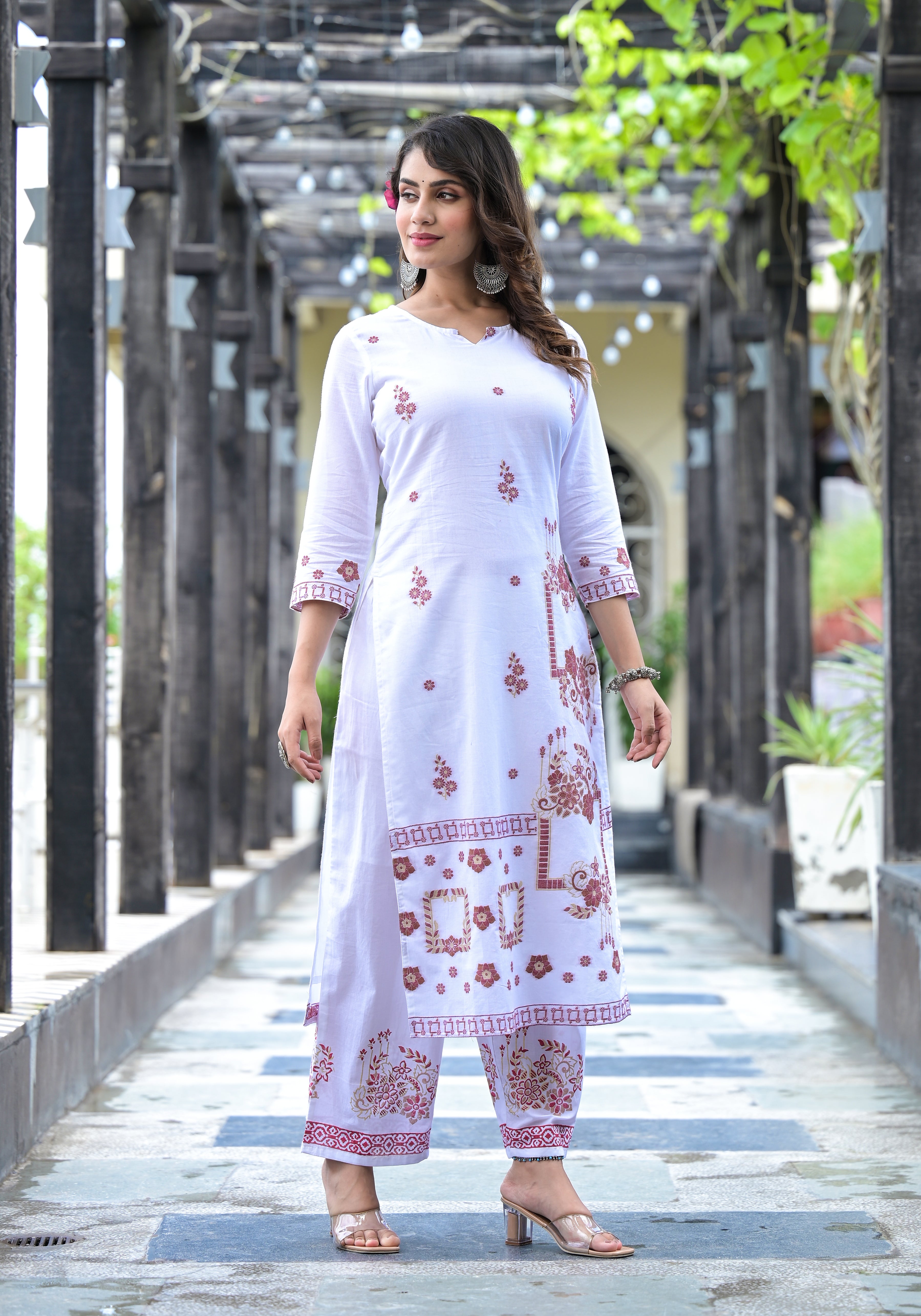 Women White Color Weaved Embroidery Embellished kurta With Palazzo Dupatta set