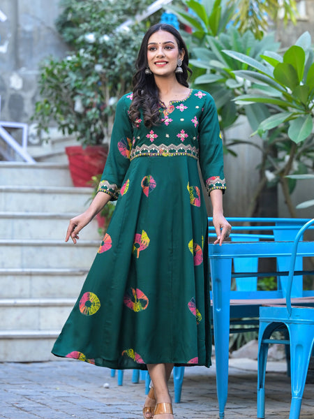 Rama's Printed Notched Neck Embroidered Midi A-Line Ethnic Dress