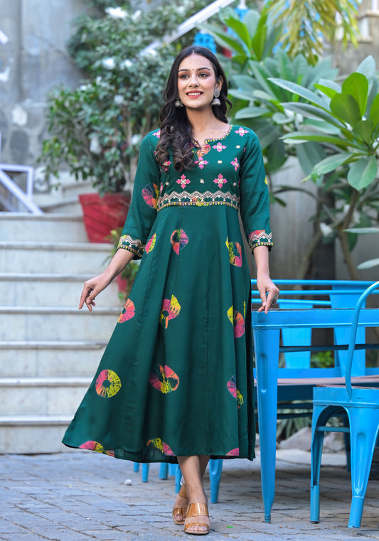 Rama's Printed Notched Neck Embroidered Midi A-Line Ethnic Dress