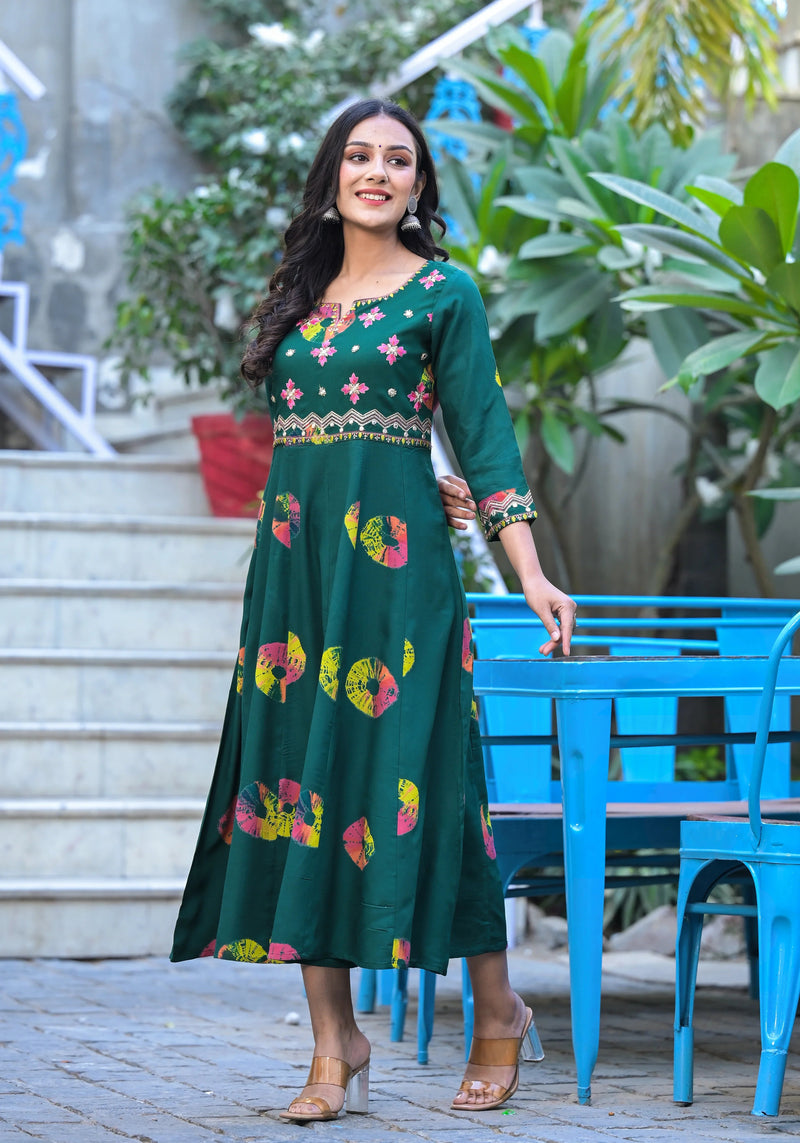 Rama's Printed Notched Neck Embroidered Midi A-Line Ethnic Dress